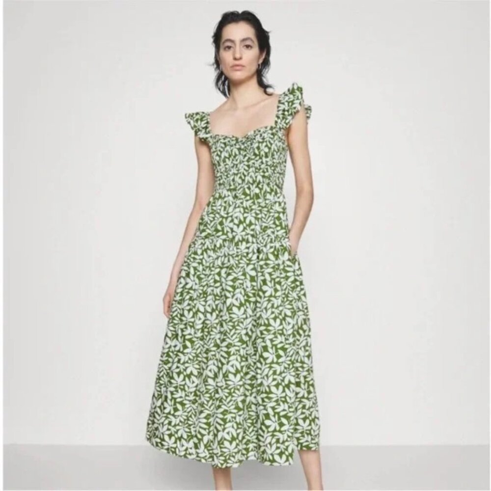 Abercrombie & Fitch Green & White Smocked Floral Midi Dress — Size Medium